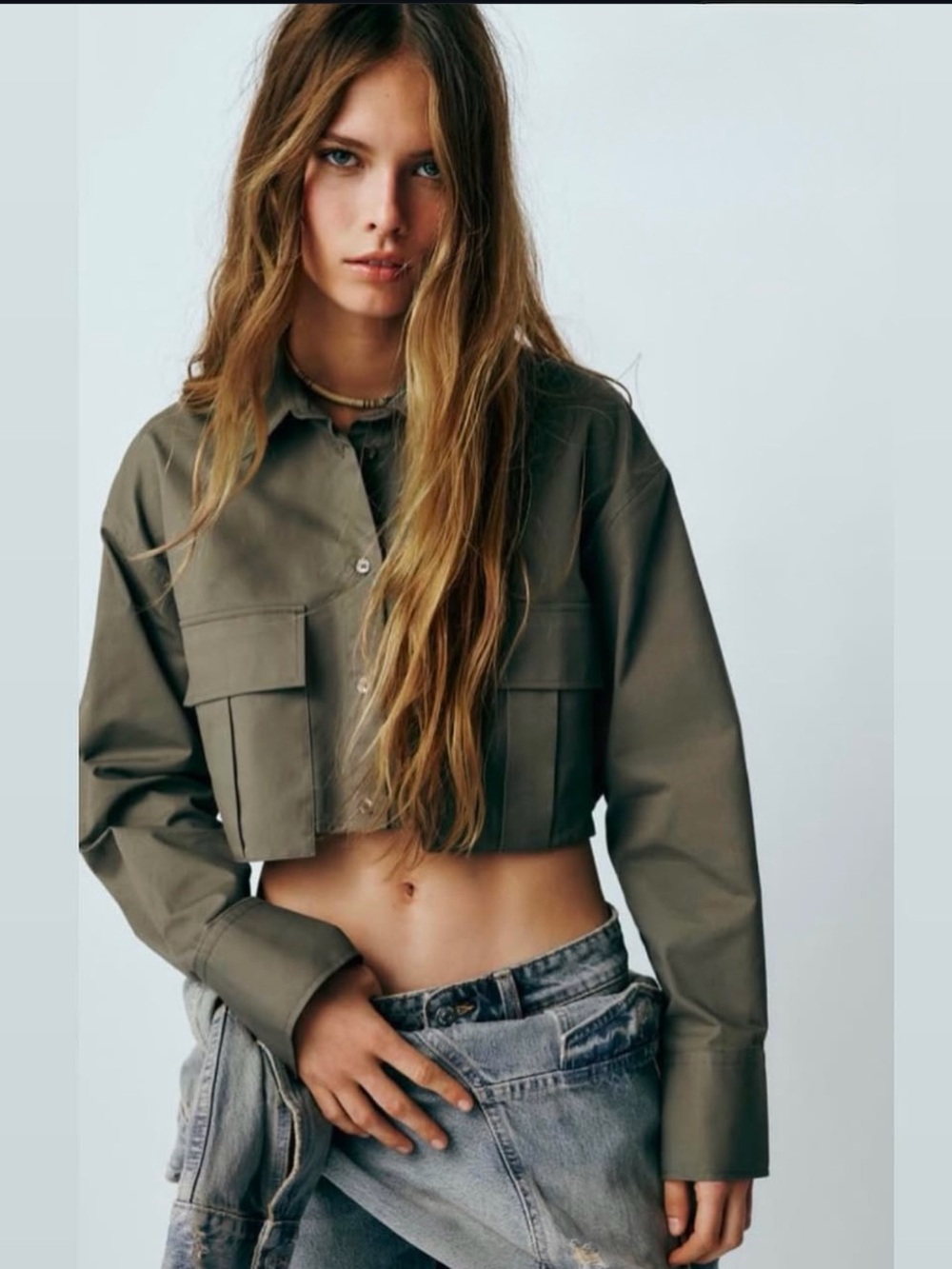Zara Cropped Utility Shirt Top Jacket in Olive Green